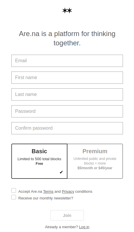 are.na signup form, with separate 'first' and 'last' name boxes